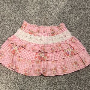 Loveshack Fancy Pink Floral Tiered Ruffle Skirt with Lace Waistband